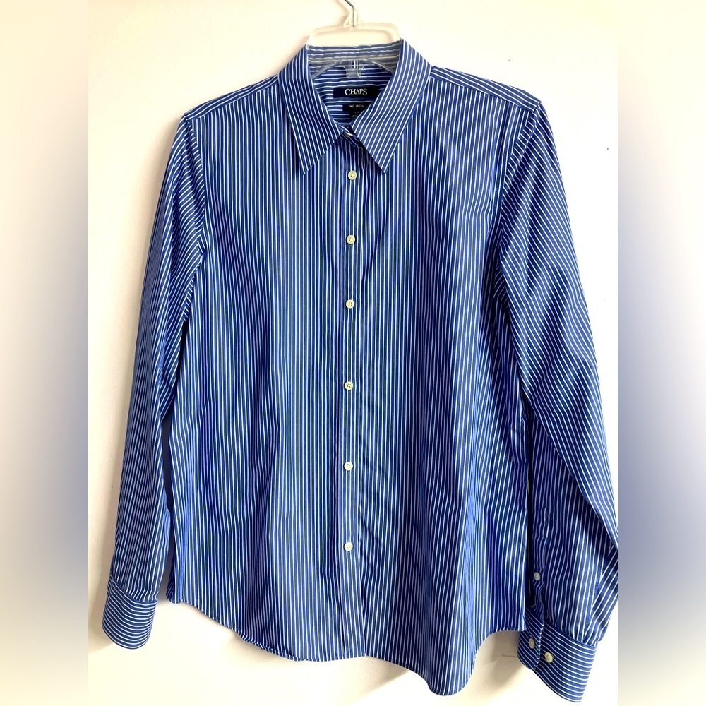 Chaps Men’s Button Front Dress Shirt, Large, Blue/White Stripes, Tapered